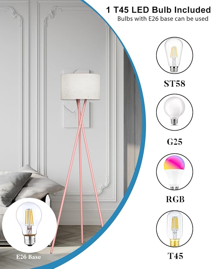 Lightdot Pink Tripod Floor Lamp, Modern Floor Lamps for Living Room, Standing Lamp with Linen Shade, E26 Bulb Included, 66" Tall Floor Lamp for Bedroom, Home Office