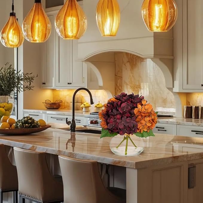 Hollyone Fall Hydrangea Artificial Flowers for Decoration with Glass Vase Dark Red Orange Autumn Silk Faux Flower Arrangements with Faux Water Fake Bouquet Table Centerpiece Fall Decorations for Home