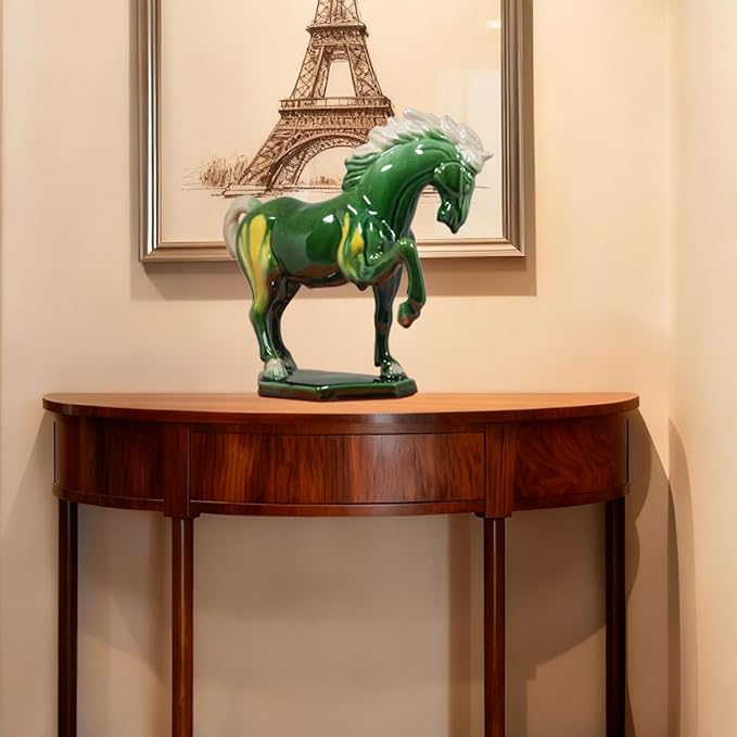 Ceramic Horse Sculpture -8 inch Hand Made Tang Tri-Color Cultural Art Piece,Museum Collection Inspired Home and Office Decor (Green)
