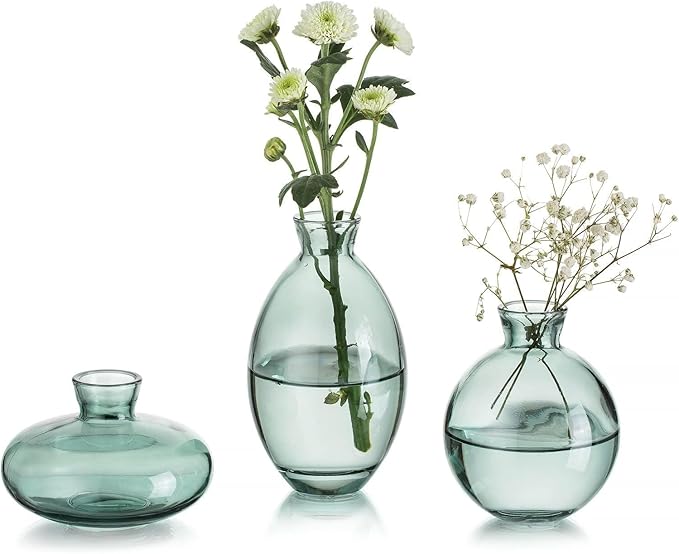 Bud Vases 3Pcs/Set Small Vases Handmade Cute Green Small Vases for Flowers Centerpieces Glass Vases Mini Vase Home Decor Centerpieces, Events Table Decor