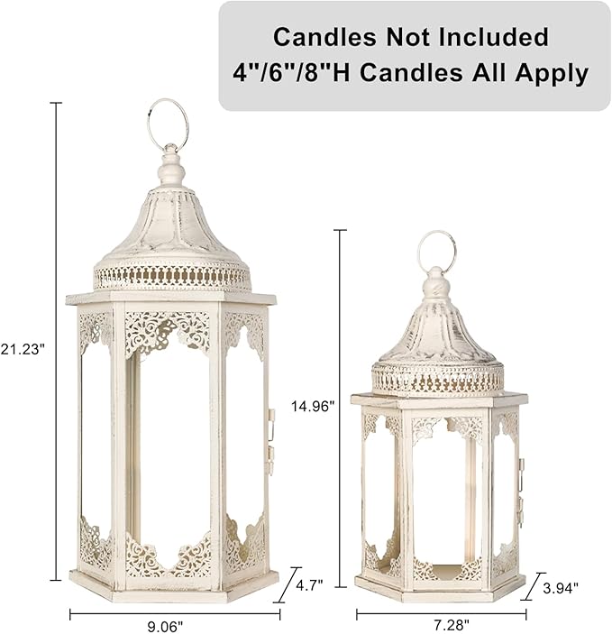 NEEDOMO Lanterns Decorative Outdoor & Indoor, Set of 2 Outdoor Lanterns for Porch,Large Candle Lantern, Beige Metal Frame with Glass for Fall, Christmas