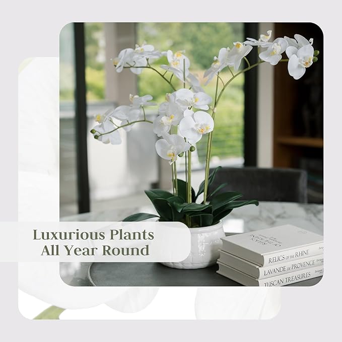 CG Hunter Faux White Orchid Plant, Premium Artificial Indoor Flower Display Stands 23”, Beautiful Sculptural Blooms That Lasts Forever, White Planter Pot Included