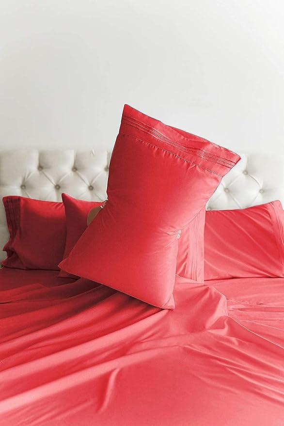 Split King Sheets Set 7 Piece - Includes 4 Pillowcases - Bed Sheets Split King Size - Soft Hotel Luxury Bedding - Cooling, Comfy & Breathable - 1 Flat & 2 Fitted & 4 Pillowcases w/ Deep Pockets - Red