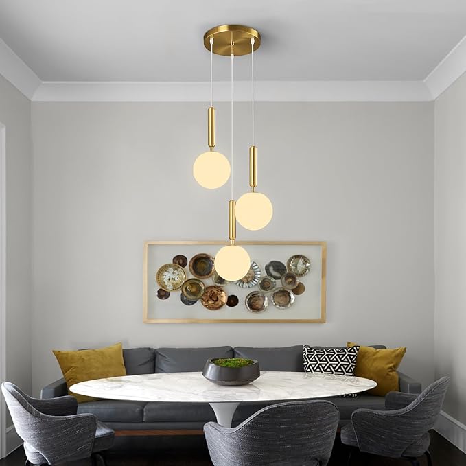 Modern Gold Pendant Light Hanging Fixture Light for Kitchen Island Mid Century with Globe Pendant Light Milk White Glass Pendant Lighting for Living Room Bedroom Entryway (3 Lights)