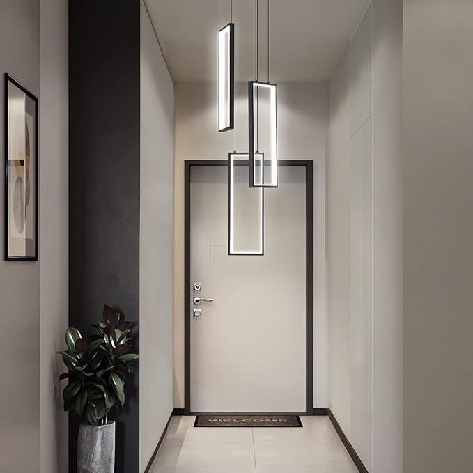 Modern Kitchen Pendant Light Fixture Black 40W LED Pendant Lighting 3 Rings Rectangle Chandelier for Kitchen Island Living Room Dining Room Bedroom