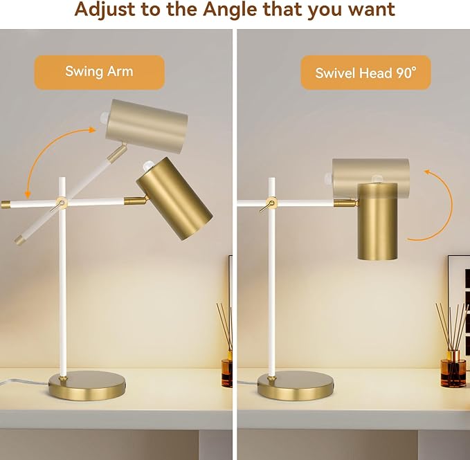 Modern White and Gold Desk Lamp, Minimalist Industrial Table Lamp with Swing Arm, for Study Room Home Office Bedroom Bedside Nightstand