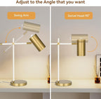 Modern White and Gold Desk Lamp, Minimalist Industrial Table Lamp with Swing Arm, for Study Room Home Office Bedroom Bedside Nightstand