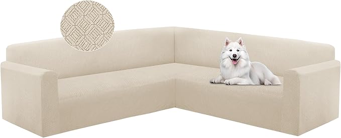 HDCAXKJ Sectional Couch Cover L Shape Stretch Sofa Covers Washable Jacquard Corner Couch Slipcover Non Slip Sectional Slip Cover U Shaped Furniture Protector for Pets Dogs (Light Beige, Medium)