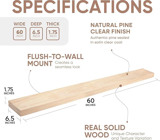 Homeforia 60 inch Natural Floating Shelf, High End Solid Real Wood 60inch Small Floating Shelves for Wall Mounted, Natural Wooden Floating Shelves, Heavy Duty Bracket, 60 X 6.5 X 1.75 in, Set of 3