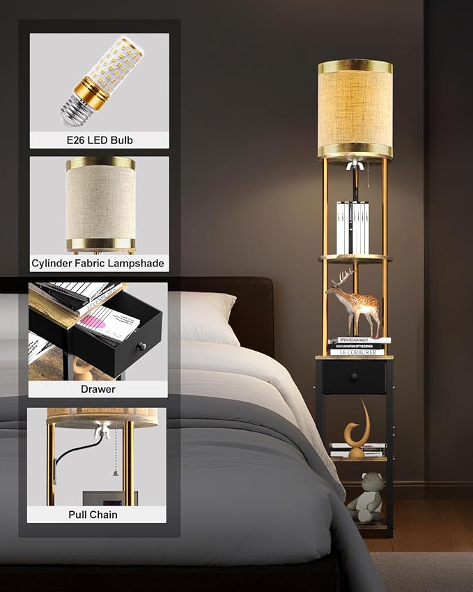 Lightdot 65IN Floor Lamps with Storage Table&Drawer, Corner Shelf Lamps with Black End Table and Fabric Lampshade, Modern Standing Tall Lamp for Living Room/Bedroom/Office(E26 LED Bulb Included)