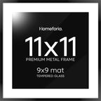Homeforia 11x11 Picture Frame Black, High End Metal 11 by 11 Square Frames with Mat 9 x 9 Opening, 11by11 Poster Frames Matted to 9x9 inch Photo, Wall Hanging Frame, Tempered Glass, Wall Kit, Set of 1