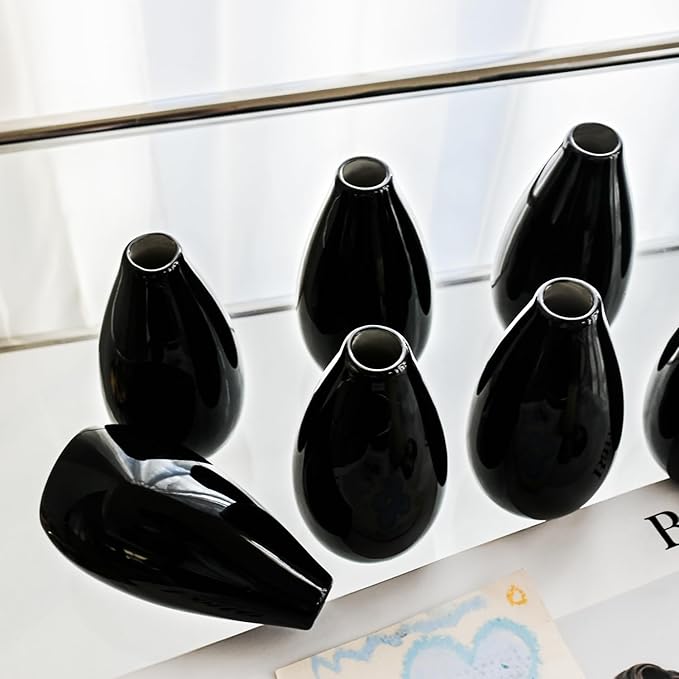 Modern Black Small Ceramic Vase Set of 8 for Living Room Bedroom 4.13'' Minimalist Fresh Flower Vases for Home Decor Office Fireplace Centerpieces Nordic Style Gift for Fake Plant 8 Pack