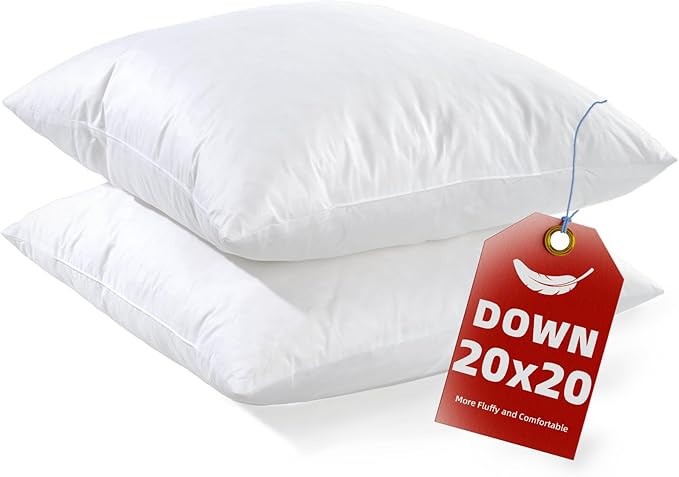 YSTHER Down Feather Throw Pillow Inserts 20x20 Set of 2 Firm Large Lumbar Pillows for Bed Decorative Couch Soft Pillows for Sleeping Indoor White Cotton Pillow Sofa