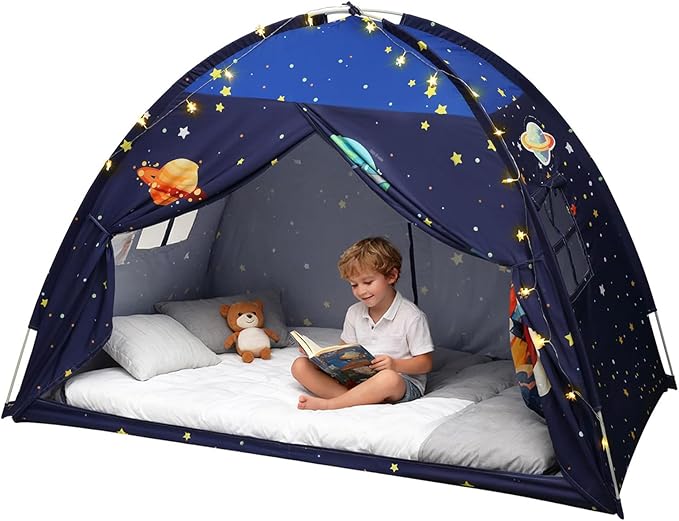 Twin Bed Tent Canopy, Space Indoor Blackout Privacy Toddler Bed Tent for Kids with Light, Portable Sleeping Floor Kids Playhouse (Blue)
