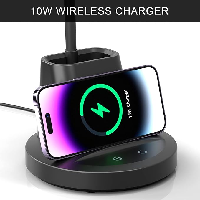 Desk Lamp with Wireless Charger, LED Desk Lamp for Home Office with Pen Holder, Dimmable Eye-Caring Study Desk Light Flexible Arm 3 Color Modes for College Dorm, 800 Lumens CRI 90