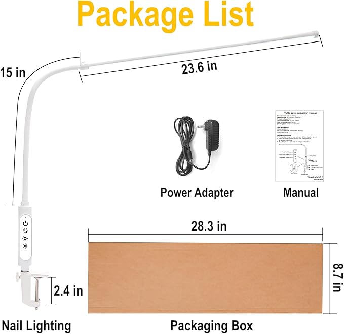 CGBE Nail Light for Desk: 360° Adjustable Nail Lamp for Desk with 3 Color Modes 5 Brightness, 23.6-Inch Led Desk Lamp for Salon Manicurist Tattoo Crafts Sewing Work Reading Game