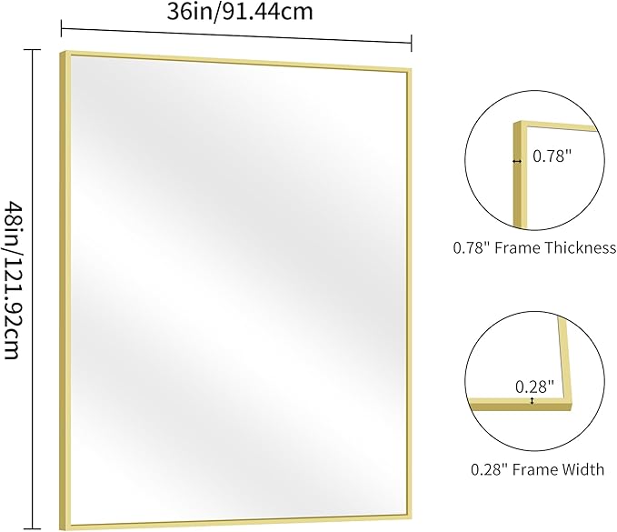 YIROMAN Bathroom Mirror 48"x36", Large Brushed Gold Bathroom Mirror for Over Sink with Aluminum Frame, Rectangular Vanity Mirror with Right Angle, Wall Mirror Hangs Horizontal or Vertical