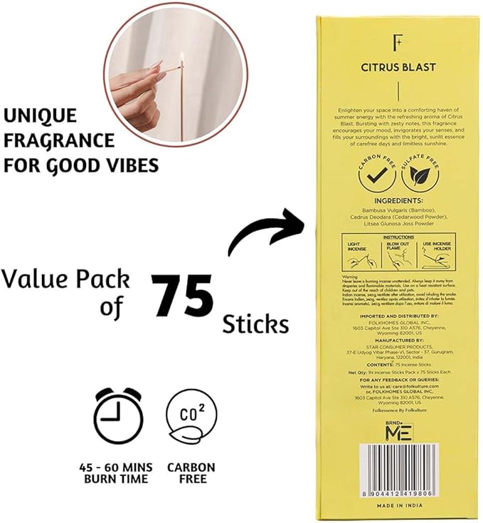 Folkulture Incense Stick for Home | Pack of 75 (8") Insence-Sticks for Meditation with 45 Mins Burn Time | Organic Insence Aromatherapy Inscents | Non Toxic Citrus Inscent-Sticks for Gifts for Women