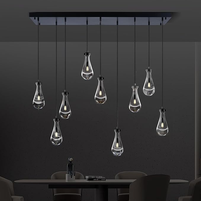 Raindrop 9-Light Chandeliers for Dining Room, Black Dining Room Lights Fixture Over Table, Teardrop Pendant Lights Kitchen Island, Adjustable Rope Hanging Lamp Ceiling for Living Room