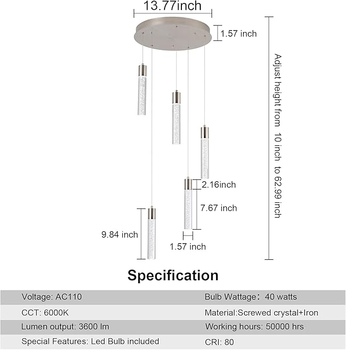 5-Light Pendant Lights for Kitchen Island, Kitchen Pendant Lighting Over Island,Integrated Modern Pendant Light with Crystal 40W,6000k Dimmable…