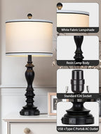 28" Set of 2 Farmhouse Table Lamps for Living room, Bedside Lamp with USB C+A Ports & AC Outlets, Black Vintage End Table Lamps for Bedrooms, Nightstand Lamps Fabric Shades Rustic 2 LED Bulbs Included