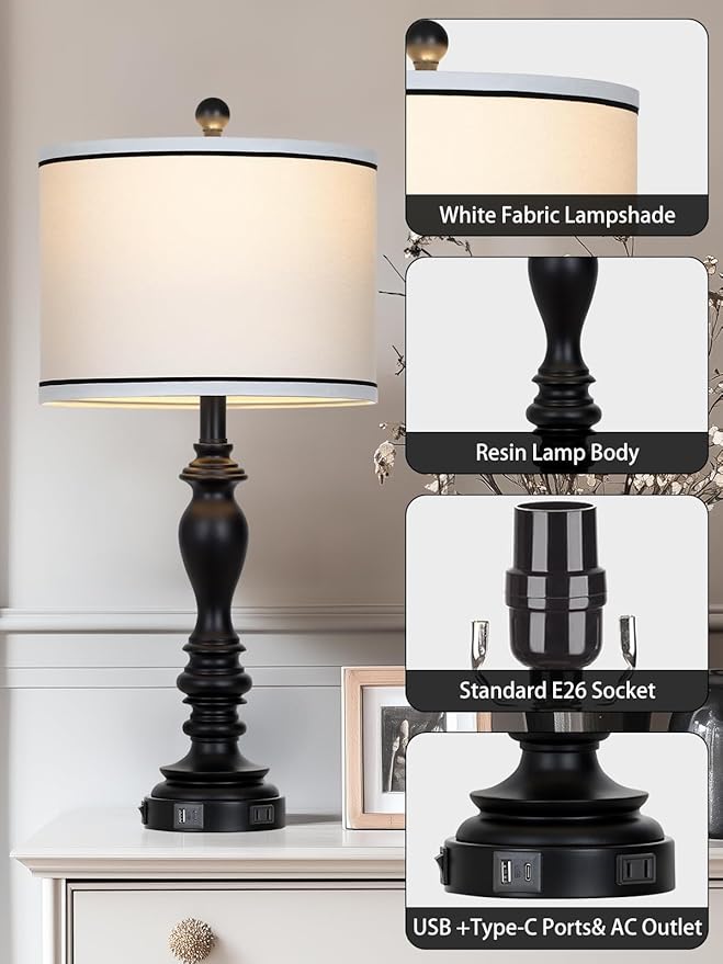 28" Set of 2 Farmhouse Table Lamps for Living room, Bedside Lamp with USB C+A Ports & AC Outlets, Black Vintage End Table Lamps for Bedrooms, Nightstand Lamps Fabric Shades Rustic 2 LED Bulbs Included