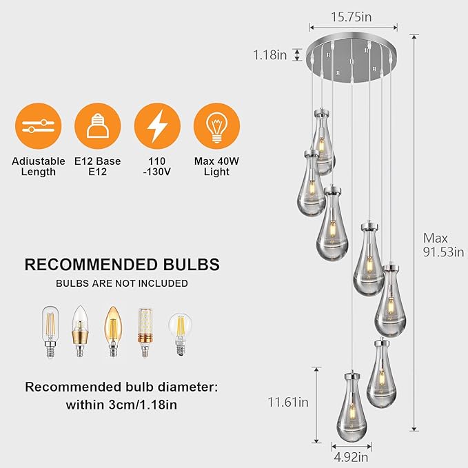 Raindrop Pendant Lights Kitchen Island Teardrop Chrome Hanging Light Fixtures Clear Solid Glass Pendant Light Modern Chandeliers for Dining Room Porch Corridor Living Room(7-Light)