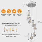 Raindrop Pendant Lights Kitchen Island Teardrop Chrome Hanging Light Fixtures Clear Solid Glass Pendant Light Modern Chandeliers for Dining Room Porch Corridor Living Room(7-Light)