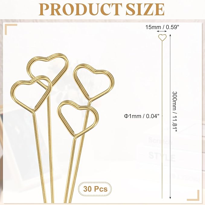 uxcell 30 Pcs Table Card Holders, 11.8 Heart Metal Craft Wire Clips Picture Clip Table Number Holders Picks for Wedding, Photos, Memo, Restaurant, Gold