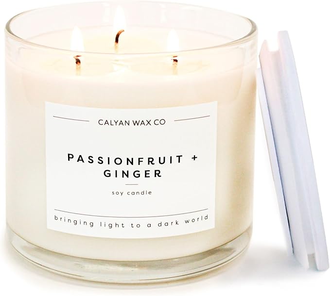 Calyan Wax Co. 3 Wick Candle, Passionfruit + Ginger Scented Candle, 43 Hour Burn Time, 3 Wick Soy Candles, Non Toxic & Vegan Soy Wax, Ceramic Scented Candles, 26oz
