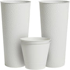 Worth Garden 2-Pack 28" H. Metal Planter with 2X Inside Pots - Hand-Hammered Texture Tall Cone Plant Pots - Large Handcrafted Flower Pot for Indoor Outdoor, Deck, Patio, Front Porch - White