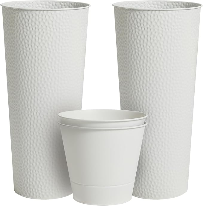 Worth Garden 2-Pack 28" H. Metal Planter with 2X Inside Pots - Hand-Hammered Texture Tall Cone Plant Pots - Large Handcrafted Flower Pot for Indoor Outdoor, Deck, Patio, Front Porch - White