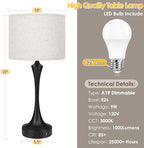 GGOYING 22” Set of 2 Touch Control Table Lamp with USB A+C Ports, 3-Level Dimmable Bedside Lamp with Fabric Lampshade, 3000K LED Bulbs, Nightstand Lamp for Bedroom Livingroom Office, Black