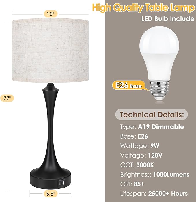 GGOYING 22” Set of 2 Touch Control Table Lamp with USB A+C Ports, 3-Level Dimmable Bedside Lamp with Fabric Lampshade, 3000K LED Bulbs, Nightstand Lamp for Bedroom Livingroom Office, Black