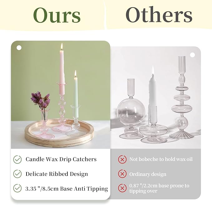 Glasseam Glass Tapered Candlestick Holders: Set of 3 Clear Candle Sticks Holder Decor with Bobeche Modern Ribbed Taper Candle Holders for Table Centerpiece Christmas Wedding Home Decorations