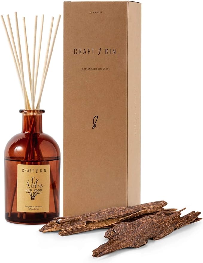 Craft & Kin Oud Wood Diffuser Reed Diffuser | All Natural Essential Oil & 8 Rattan Scent Sticks | Reed Diffusers for Home, Bathroom | Long Lasting Home Fragrance in Amber Glass, 5.75oz