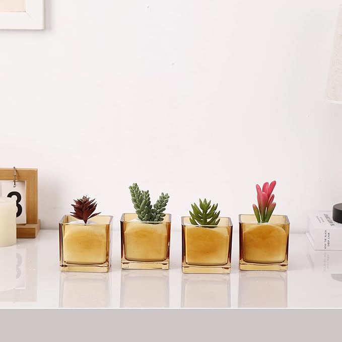 Square Flower Vases Set of 4, 3"x 3"x 3" Glass Vases for Centerpieces, Amber Vase for Flowers, Small Vase for Wedding, Party, Home Office Decoration