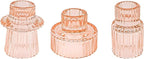 Double Sided Vintage Ribbed Taper Glass Candle Holders,Tea Candle Holder for Table Centerpieces, Wedding Decorations and Dinner Parties (Orange Pink, 3 PCS)