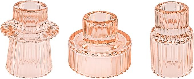 Double Sided Vintage Ribbed Taper Glass Candle Holders,Tea Candle Holder for Table Centerpieces, Wedding Decorations and Dinner Parties (Orange Pink, 3 PCS)