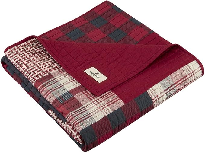 Woolrich Luxury Quilted Throw - Cabin Lifestyle, Patchwork with Moose Design All Season, Lightweight and Breathable Cozy Bedding Layer Throws for Couch Sofa, 50" W x 70" L, Sunset Red