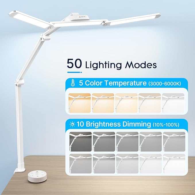 Syrinx Desk Lamp with Gesture Sensor Switch and Remote Control, 24W Bright LED Desk Lamps for Home Office with 50 Light Modes Adjustable Desk Lamp with Clamp for Tables Up to 2.95 inches Thick