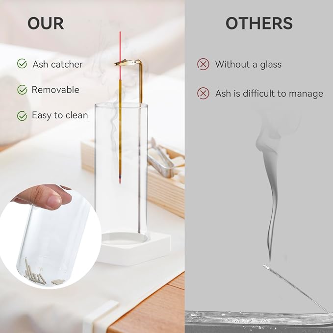 1 Pack Incense Holder for Sticks, Insence-Stick Holder Ash Catcher with Removable Glass [Anti-Ash Flying], Mess-Free Incense Burner Holder,Perfect for Meditation Yoga Relaxation,Home Decor(White Base)