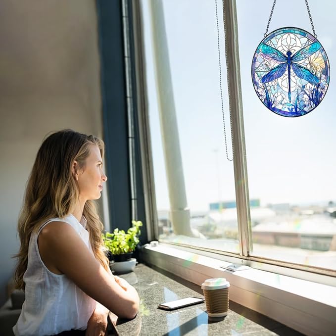 Dragonfly Suncatcher Stained Glass Window Hanging - 8” Stained Glass Suncatchers for Windows - Sun Catchers Indoor Window Catcher with Hooks and Chain - Birthday Gifts for Mom Grandma