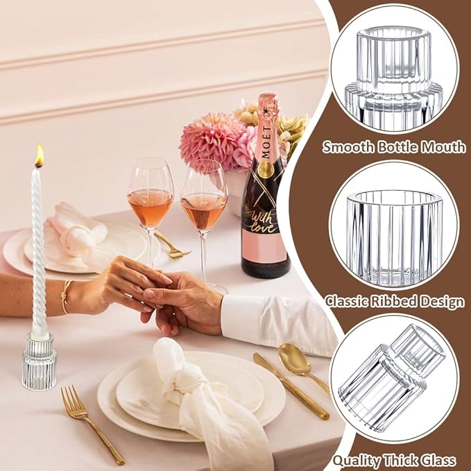 24 Pcs Taper Glass Candlestick Holders, Small Candle Stick Holder Wedding Decor Table Centerpiece Bulk for Christmas Party Living Room Dinner Home Bridal Showers Decorations