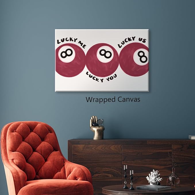 Red 8 Ball Poster, Lucky Me Lucky You Lucky Us Quote Canvas Wall Art, Playful Billiards Balls Picture Print, Retro 8ball Pool Painting for Bar Cart Game Room Man Caves Wall 8x12in Wrapped Canvas