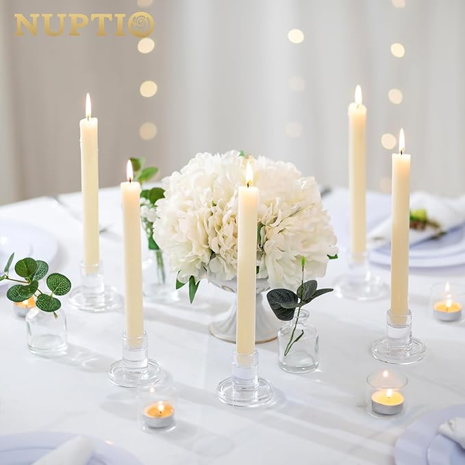 NUPTIO Glass Taper Candle Holders: Set of 2 Clear Small Candlestick Tapered Holder for Candles Sticks Modern Short Tapers Candleholders for Wedding Christmas Thanksgiving Party Table Decor