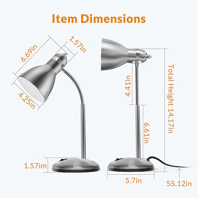 LEPOWER Metal Desk Lamp, Adjustable Goose Neck Table Lamp, Eye-Caring Study Desk Lamps for Bedroom, Study Room and Office (Silver)