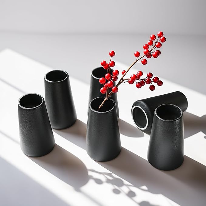Modern Black 5.9'' Ceramic Vase Set of 6 for Living Room Bedroom Minimalist Flower Vases for Home Decor Office Centerpieces Fireplace Nordic Style Gift for Fake Plant 6 Pack Decoration