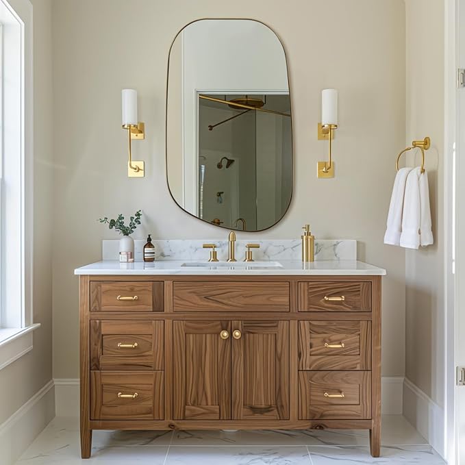 ANDY STAR 24"x40" Asymmetrical Wall Mirror，Brushed Gold Irregular Bathroom Mirror with Stainless Steel Metal Frame, Wall-Mounted Mirror for Bathroom, Entryway (Horizontal/Vertical)