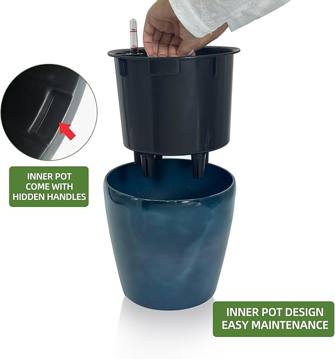 Dexceder 9x8 Inches Self Watering Planter Indoor Outdoor, Inner Pot Design, Thickened Table Flower Plant Pot with Water Level Indicator (Grayish Green Gradient)